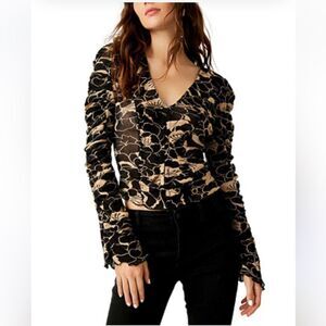 Free People Black and Tan Floral Blouse
